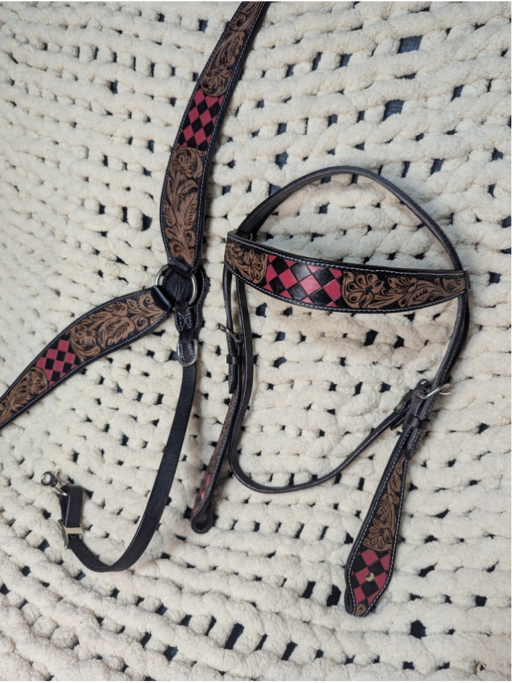 NEW Western Leather Breast Collar & Browband Headstall Red Harlequin Horse Tack